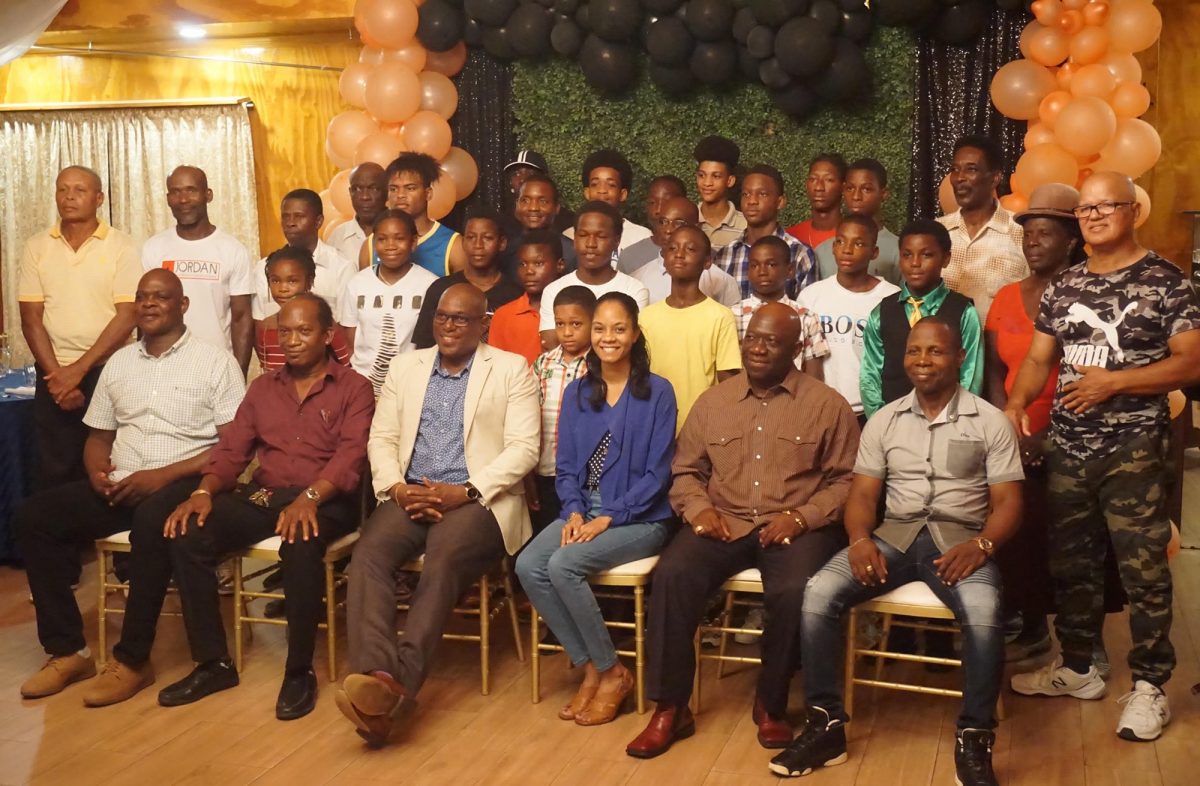 The top brass of the Guyana Boxing Association, the coaches, boxers and officials pose for a photo opportunity during a celebratory dinner last night at the Mirage in recognition of Team Guyana’s success following the Winfield Braithwaite Caribbean Boxing Tournament which concludes last Sunday. (Emmerson Campbell photo)
