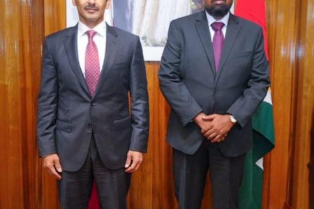 President Irfaan Ali (right) and Minister of Energy Affairs of the State of Qatar and Managing Director and CEO of Qatar Energy, Saad bin Sherida Al-Kaabi