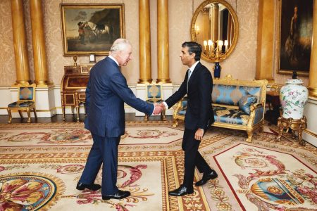 Britain’s King Charles III (left) greets newly appointed Conservative Party leader and incoming prime minister Rishi Sunak during an audience at Buckingham Palace in London on Oct 25, 2022, where Mr Sunak was invited to form a government. (Reuters photo)
