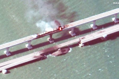 A satellite image shows a close up view of smoke rising from a fire on the Kerch bridge in the Kerch Strait, Crimea, October 8, 2022. Maxar Technologies/Handout via REUTERS
