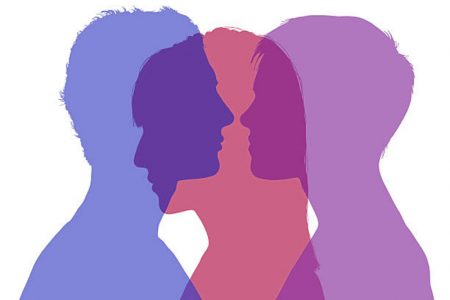silhouette of young man and woman looking on each other and a shadow of another woman superimposed on their silhouette, symbol of man’s infidelity
