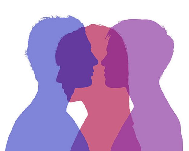 silhouette of young man and woman looking on each other and a shadow of another woman superimposed on their silhouette, symbol of man's infidelity