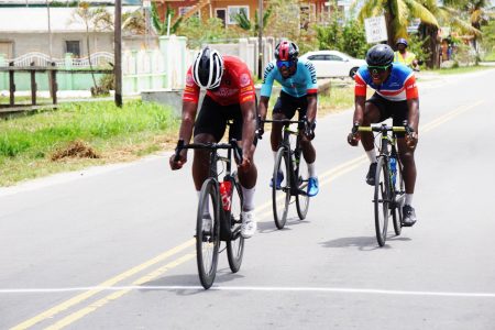 Flashback! Star cyclists, Jamual John and Andre ‘Padlock’ Green finished 1-2 in the Urban Benjamin Memorial Road Race last Sunday in Essequibo. The duo will be gunning for spots on the podium in Tobago this weekend (Emmerson Campbell photo)
