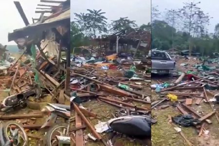 This photo combination made from a viral video shows the aftermath of the airstrike in A Nang Pa region of Hpakant township.