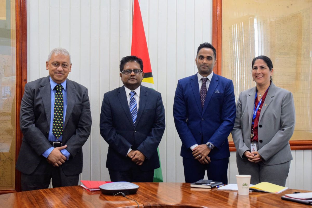 From left are Robin Muneshwer, Finance Minister Dr Ashni Singh, General Manager of the Caribbean Country Department of the IDB Tariq Alli and IDB Country Representative Lorena Solorzano-Salazar (Ministry of Finance photo)