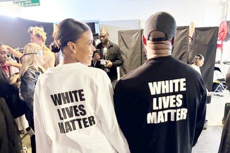 Kanye West and Candace Owens, described as an American conservative influencer, author, talk show host, political commentator, and activist, wearing “White Lives Matter” shirts at his fashion show in Paris. (https://www.rollingstone.com photo)