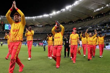 Zimbabwe’s players take a victory lap around the ground after defeating Pakistan in their ICC T20 World Cup Super-12 encounter
