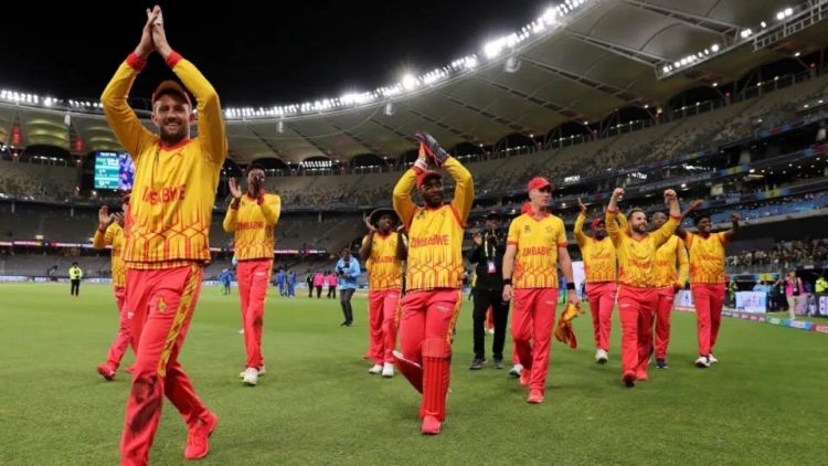 Zimbabwe’s players take a victory lap around the ground after defeating Pakistan in their ICC T20 World Cup Super-12 encounter
