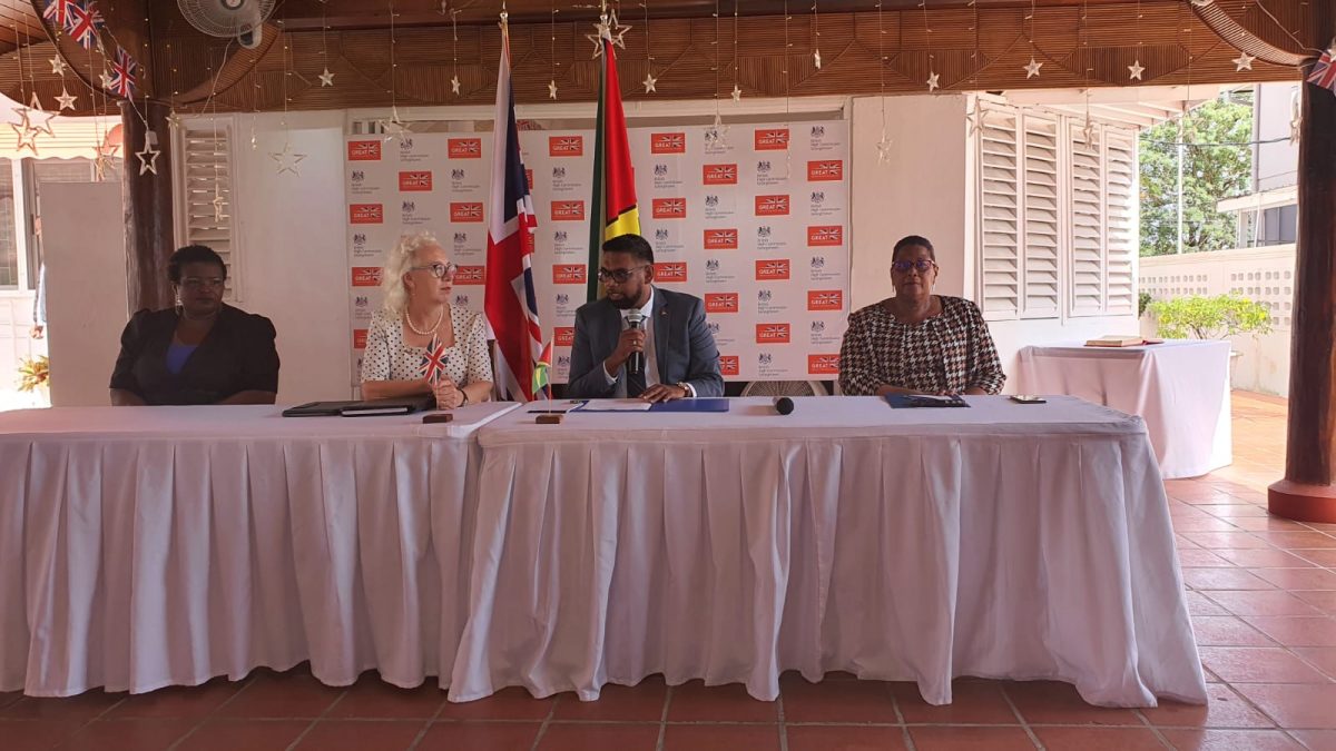 President Irfaan Ali (second from right and British High Commissioner Jane Miller (third from right) at this morning’s press conference.