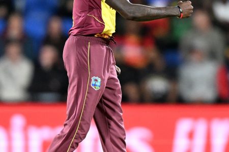 Fast bowler Alzarri Joseph celebrates one of his four wickets against Zimbabwe yesterday.
