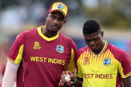 Speedsters Alzarri Joseph and Jason Holder heroes of the West Indies’ win against Zimbabwe in the previous match were unable to reproduce their heroics yesterday after questionable bowling decisions by captain Nicholas Pooran. (Photo Twitter)