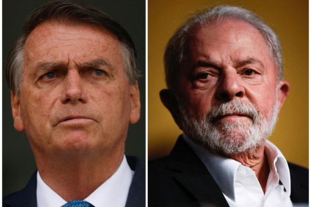 Combination picture of Brazil's President and candidate for re-election Jair Bolsonaro (left) during a news conference at the Alvorada Palace in Brasilia, Brazil, October 4, 2022 and Brazil's former president and presidential frontrunner Luiz Inacio Lula da Silva during a meeting of the Brazilian Socialist Party (PSB), that officially nominated him as the candidate of the party, in Brasilia, Brazil, July 29, 2022. REUTERS/Adriano Machado and Ueslei Marcelino/File Photo