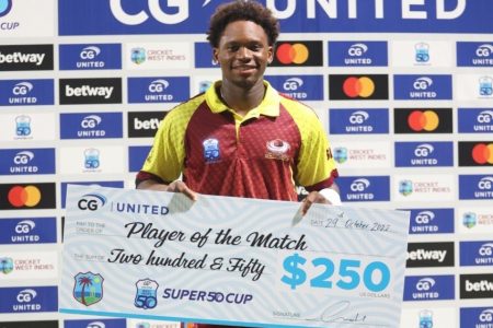 Keacy Carty scored the first century of this year’s Super50 comeptition. (Photo Courtesy CWI Twitter)