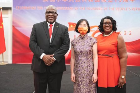 From left are Prime Minister Mark Phillips, Chinese Ambassador to Guyana Guo Haiyan and the PM’s wife Mignon Bowen-Phillips. (Office of the Prime Minister photo)