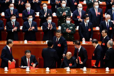 Chinese President Xi Jinping leaves at the end of the closing ceremony of the 20th National Congress of the Communist Party of China, at the Great Hall of the People in Beijing, China October 22, 2022. (REUTERS/Tingshu Wang photo) 