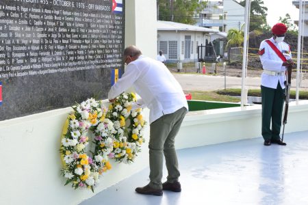 Members of the Guyana Defence Force on Thursday participated in the 46th Cubana Air Disaster Commemorative Wreath Laying Ceremony. The ceremony took place at the Cubana Air Disaster Monument Site, located in the compound of the University of Guyana, Turkeyen Campus.
As part of the order of ceremony, the ranks performed the Last Post and Reveille.
Also, in attendance were Dr. Frank Anthony, Acting Minister of Foreign Affairs and Cuba’s Ambassador to Guyana, Narciso Socorrro (in photo). Cubana de Aviacion Flight 455 was brought down on October 6, 1976, by a terrorist bomb attack. A total of 73 passengers perished in the bombing, including 11 Guyanese students. (GDF photo)
