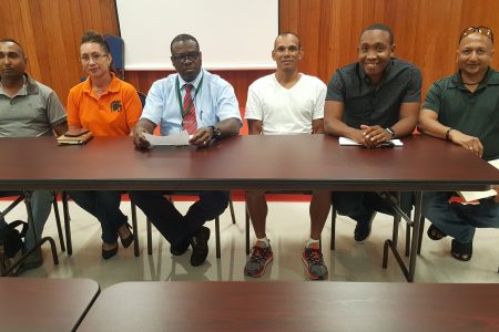 The current executive of the Guyana Cycling Federation with president Linden Dowridge (third from left).
The other officials are from left, Mark Sonoran, Onika Ramsuchit, Paul Choo Wee-Nam, Enzo Matthews and Malcolm Sonoram. 