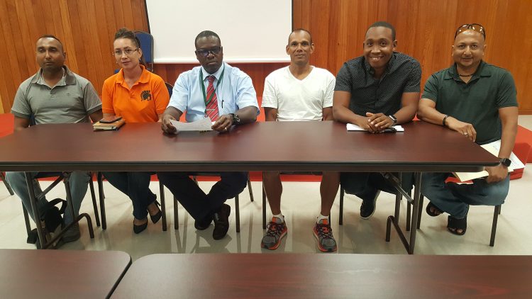 The current executive of the Guyana Cycling Federation with president Linden Dowridge (third from left).
The other officials are from left, Mark Sonoran, Onika Ramsuchit, Paul Choo Wee-Nam, Enzo Matthews and Malcolm Sonoram. 