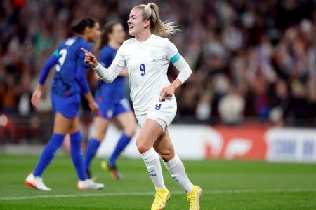 England’s Lauren Hemp celebrates scoring their first goal Action Images via Reuters/Peter Cziborra