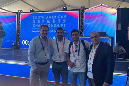 From left Pan American Sports President,Neeivin Illic, Hemchandra Persaud, Shoaib Juman-Yassin (Manager) and K.A. Juman-Yassin (President of the Guyana Olympic Association)