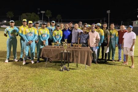 The victorious Everest Cricket Club after winning the GCA/GTT T10 tournament Friday night at the Demerara Cricket Club ground, Queenstown.