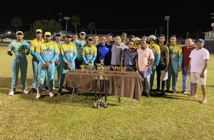 The victorious Everest Cricket Club after winning the GCA/GTT T10 tournament Friday night at the Demerara Cricket Club ground, Queenstown.