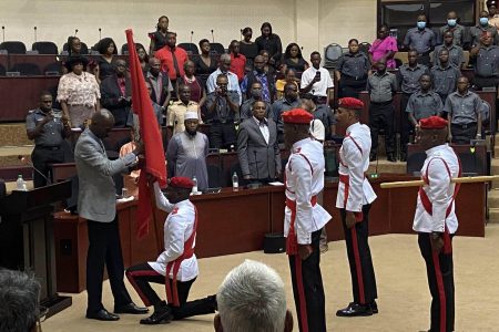 The Guyana Fire Service (GFS) began its 48th Fire Prevention Week Anniversary with a Religious Service on Sunday at the Arthur Chung Conference Centre, Liliendaal. The event also saw the draping of the GFS flag by the colour party. (Ministry of Home Affairs photo)
