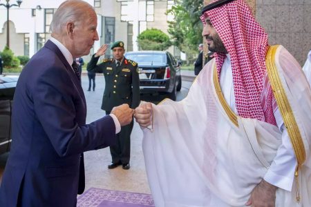 Saudi Crown Prince Mohammed bin Salman greets President Joe Biden with a fist bu ..Read more at:
https://energy.economictimes.indiatimes.com/news/oil-and-gas/opec-oil-output-cut-shows-widening-rift-between-biden-and-saudi-royals/94733102