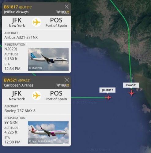 The paths of the JetBlue and Caribbean Airlines aircrafts around 12.30 pm Monday. (FlightRadar)