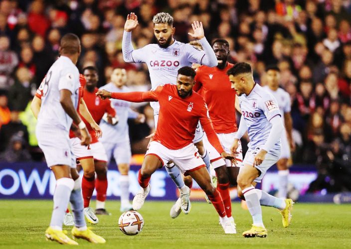 Nottingham Forest’s Emmanuel Dennis in action with Aston Villa’s Douglas Luiz and Philippe Coutinho Action Images via Reuters/Molly Darlington.