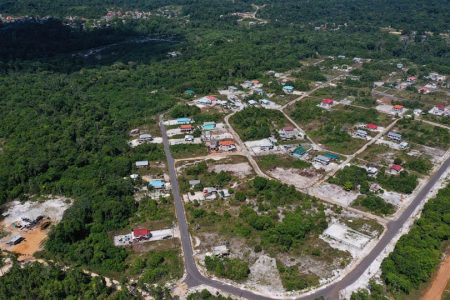 An aerial view of more than 100 acres of land that has been identified by the Ministry of Housing and Water for the construction of 500 homes in Bartica, Region 7. (Ministry of Housing and Water photo) 