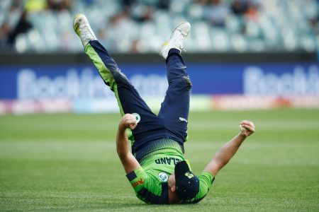Luck O’ the Irish? Ireland’s Fionn Hand is head over heels with delight after his
team scripted a famous upset win over England yesterday by five runs in a
rain affected encounter. (Photo courtesy Twitter)
