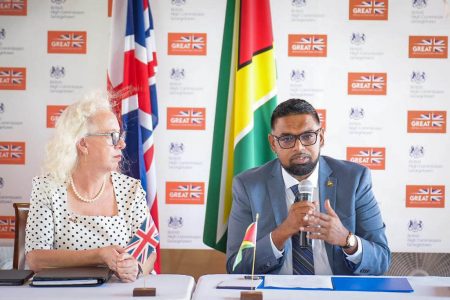 President Irfaan Ali (right) and UK High Commissioner Jane Miller at yesterday’s press conference (Office of the President photo) 
