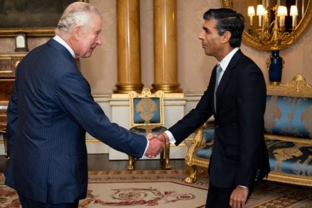 Britain's King Charles III (left) greets newly appointed Conservative Party leader and incoming prime minister Rishi Sunak during an audience at Buckingham Palace in London on Oct 25, 2022, where Mr Sunak was invited to form a government. (AFP photo)