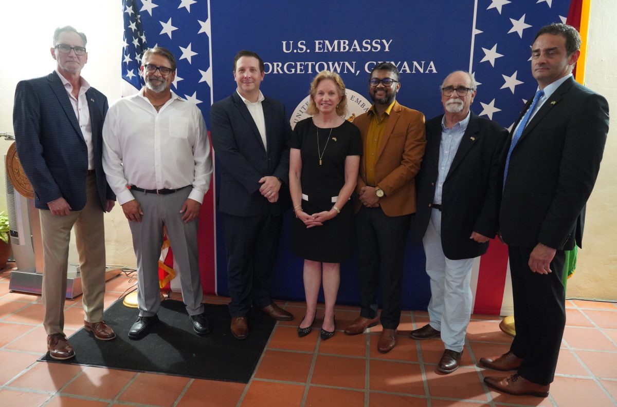 US Ambassador Sarah-Ann Lynch at centre with team members.  Third from right is the Mayor of Georgetown Ubraj Singh. (US Embassy photo)