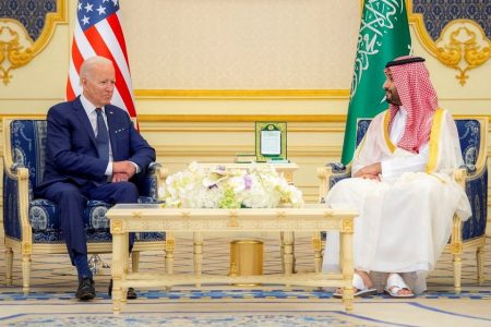Saudi Crown Prince Mohammed bin Salman and U.S. President Joe Biden meet at Al Salman Palace upon his arrival in Jeddah, Saudi Arabia, July 15, 2022. Bandar Algaloud/Courtesy of Saudi Royal Court/Handout via REUTERS 