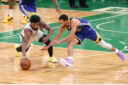 Jun 16, 2022; Boston, Massachusetts, USA; Boston Celtics guard Marcus Smart (36) and Golden State Warriors guard Stephen Curry (30) reach for a loose ball during the fourth quarter of game six in the 2022 NBA Finals at the TD Garden. Mandatory Credit: Paul Rutherford-USA TODAY Sports