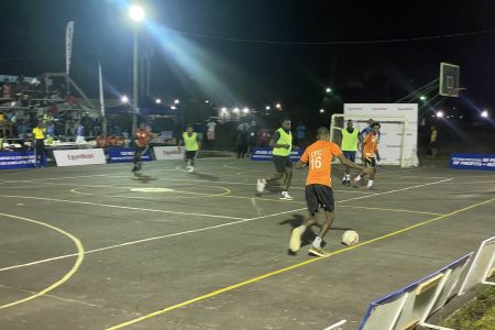 A scene from the New Era Entertainment-coordinated ExxonMobil Futsal Championship at the Retrieve hardcourt in Linden.