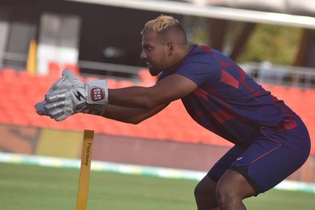 Captain and wicketkeeper Nicholas Pooran going through his paces in the nets ahead of today’s opening T20 International. (Photo courtesy CWI Media)
