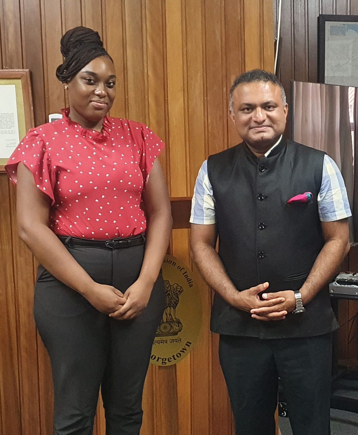 Ornissa Gordon (left) with Indian High Commissioner,  Dr. KJ Srinivasa (Indian High Commission photo)