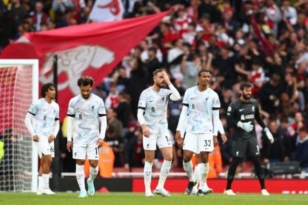Liverpool’s Trent Alexander-Arnold, Mohamed Salah, Jordan Henderson, Joel Matip and Alisson react after conceding their second goal REUTERS/David Klein