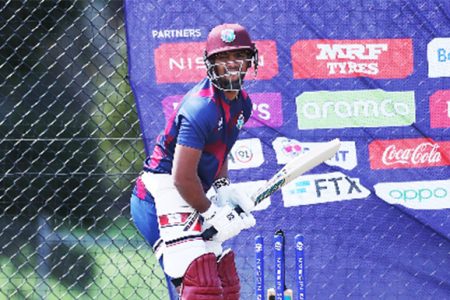 West Indies captain Nicholas Pooran bats in the nets during a practice session ahead of today’s opener against Scotland. 