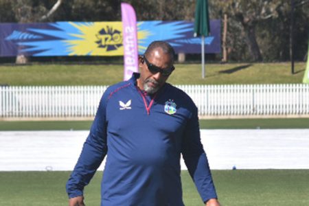 Head coach Phil Simmons during a net session ahead of the opening warm-up against UAE. (Photo courtesy CWI Media)