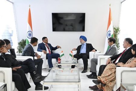 Minister of Natural Resources, Vickram Bharrat (left at top of photo) and Minister of Petroleum & Natural Gas, Housing & Urban Affairs, Hardeep Singh Puri (right at top of photo) meeting today.