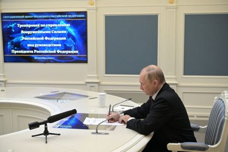 Russian President Vladimir Putin observes exercises held by Russia's strategic nuclear forces, as he takes part in a video link in Moscow, Russia October 26, 2022. Sputnik/Alexei Babushkin/Kremlin via REUTERS