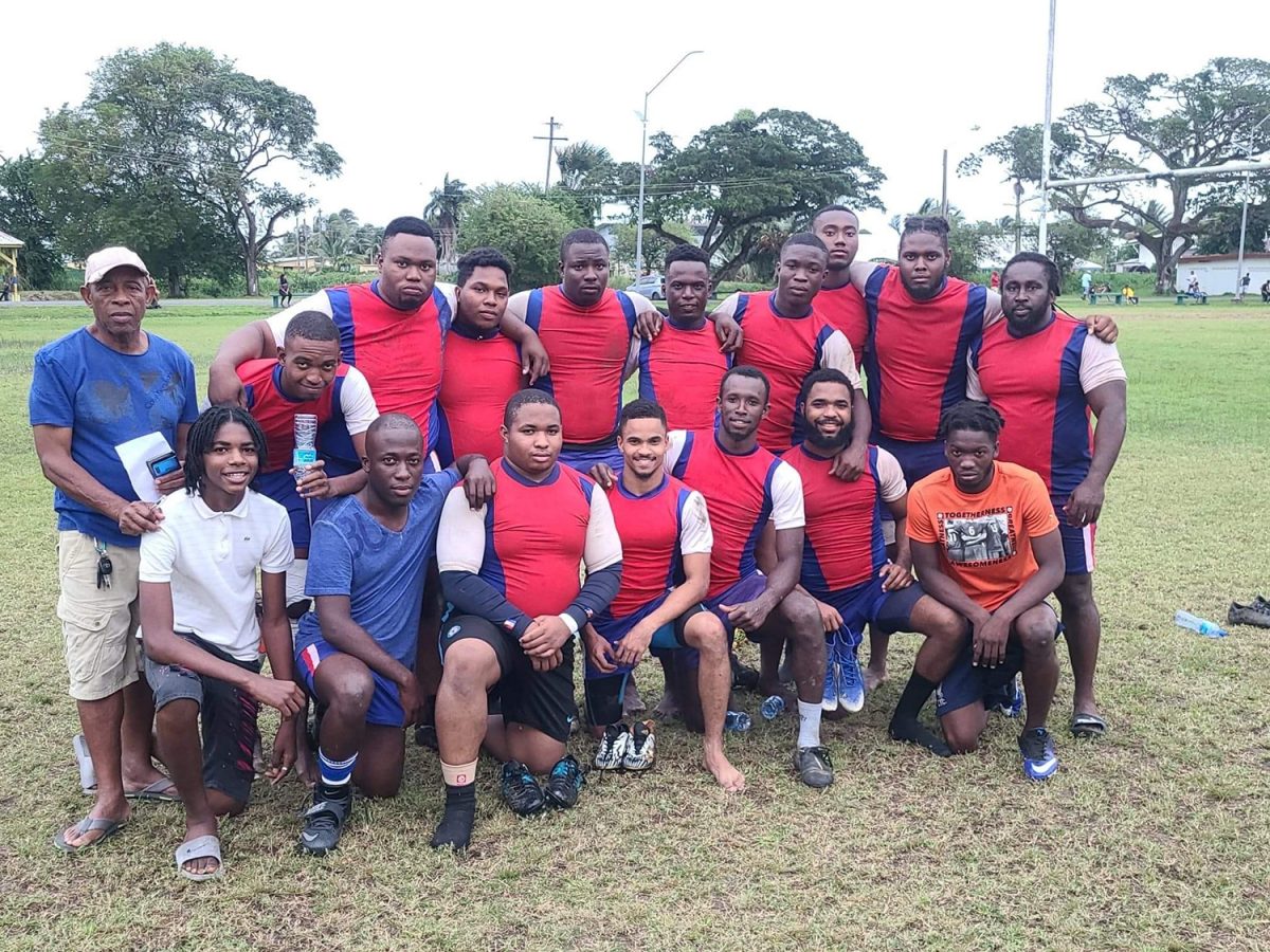 The victorious Police Falcons outfit pose for a photo following their 21-12 win on Sunday in the Guyana Rugby Football Union (GRFU) 10 aside tournament which was staged at the National Park.