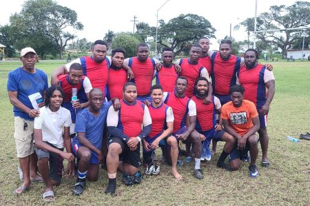 The victorious Police Falcons outfit pose for a photo following their 21-12 win on Sunday in the Guyana Rugby Football Union (GRFU) 10 aside tournament which was staged at the National Park.