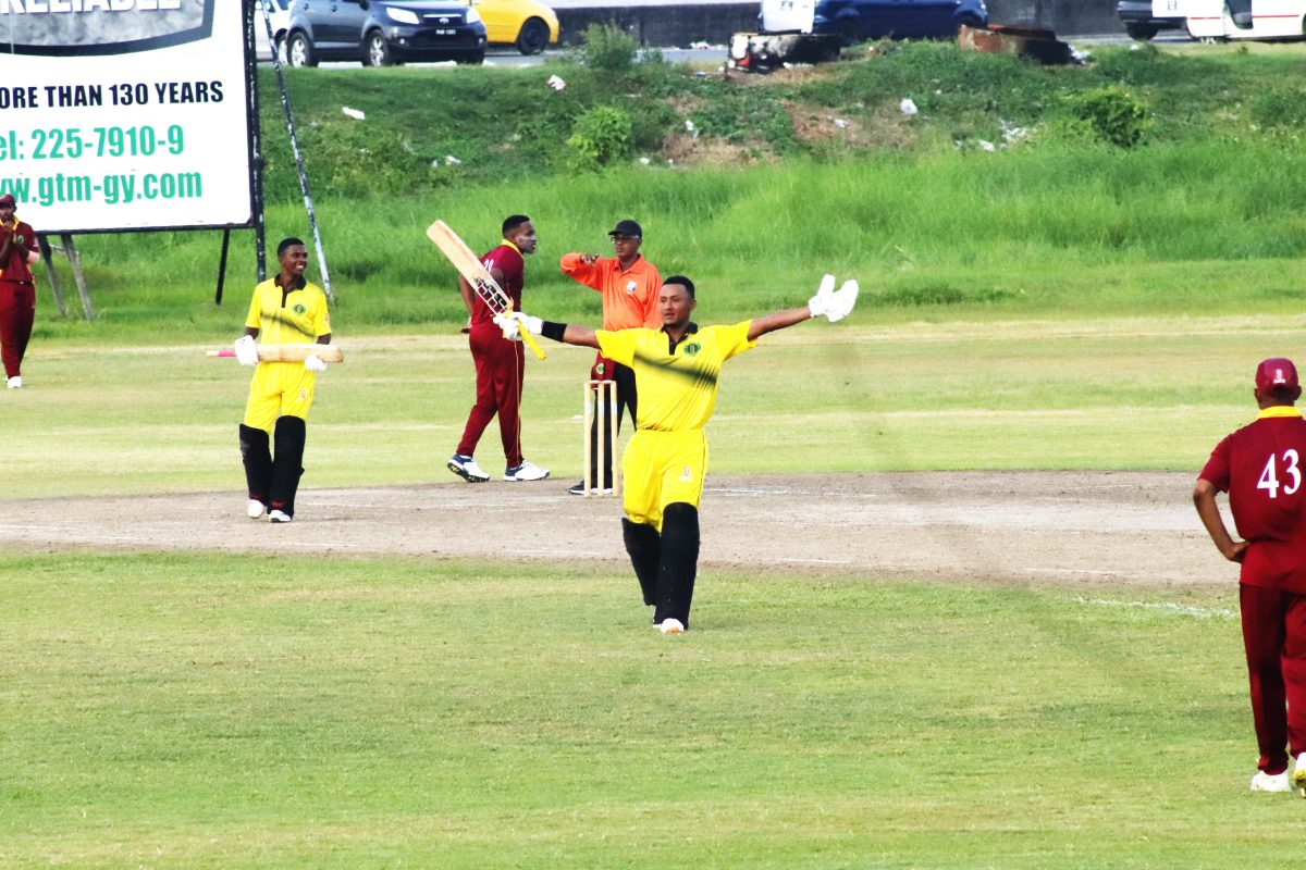 Kemol Savory slammed a sensational century to spur Essequibo to an eight-wicket defeat of the President’s XI. Above Savory celebrates reaching three-figures.