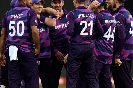 The Scottish players celebrate a memorable win. (Photo courtesy Twitter)
