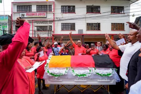 People’s Progressive Party (PPP) members and supporters yesterday paid their tributes and last respects to late party stalwart Philomena Sahoye-Shury in an event outside of Freedom House, on Robb Street, Georgetown. (Office of the President photo)